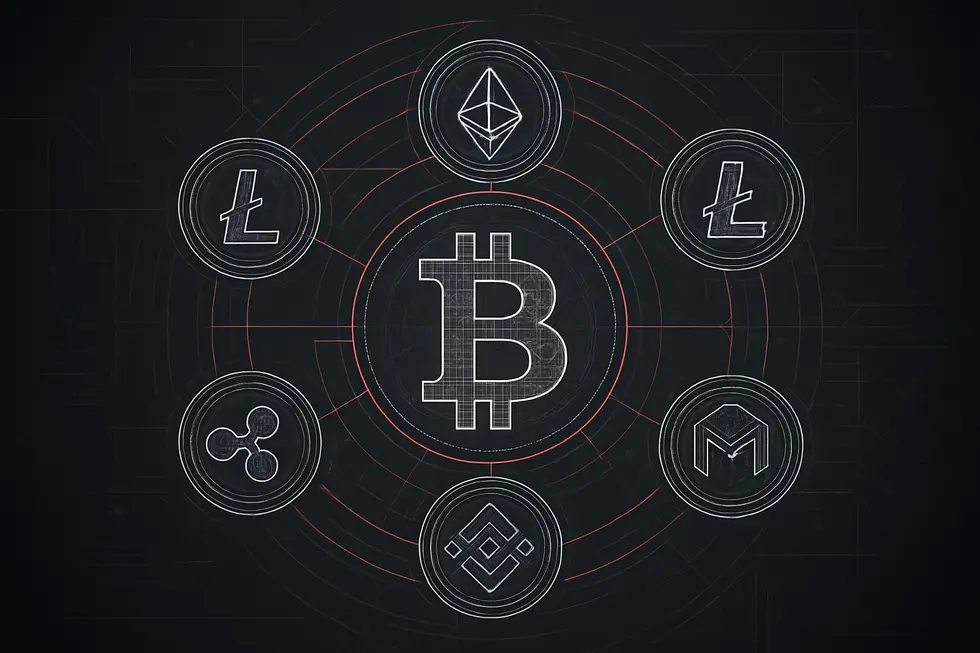 Bitcoin ve pop&uuml;ler altcoinlerin bir arada g&ouml;sterildiği bağlantılı şema.