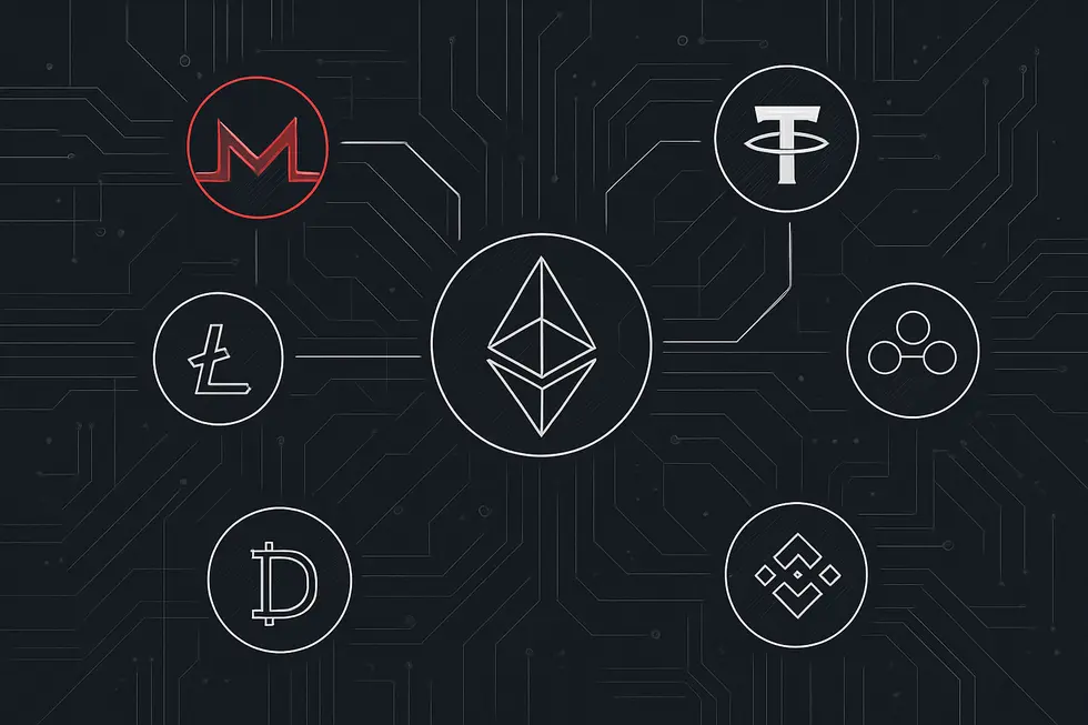 Bitcoin ve pop&uuml;ler altcoinlerin bir arada g&ouml;sterildiği bağlantılı şema.