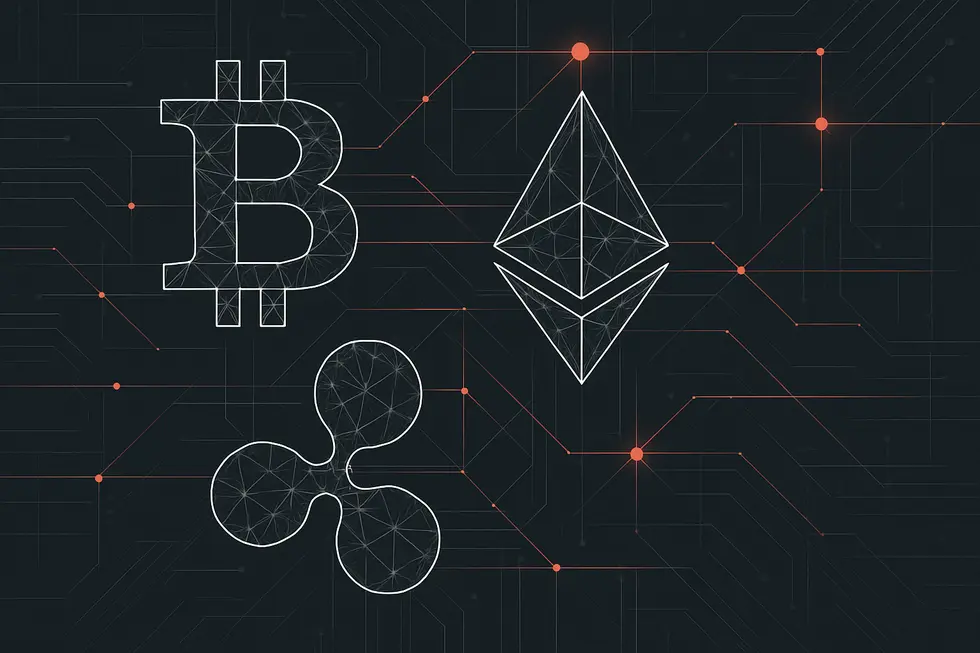 Kriptopara sisteminin ve blockchain bağlantılarının şematik g&ouml;sterimi.