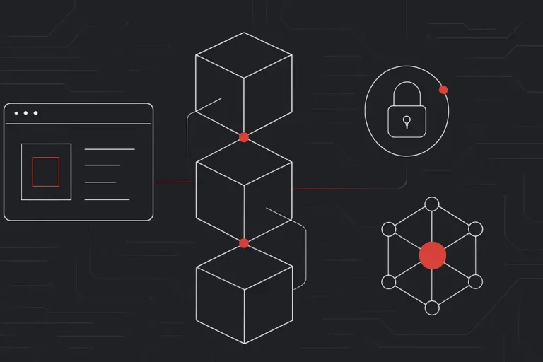 Koyu zemin üzerinde beyaz ve kırmızı tel çizimleriyle blockchain ağını simgeleyen bir kapak görseli.