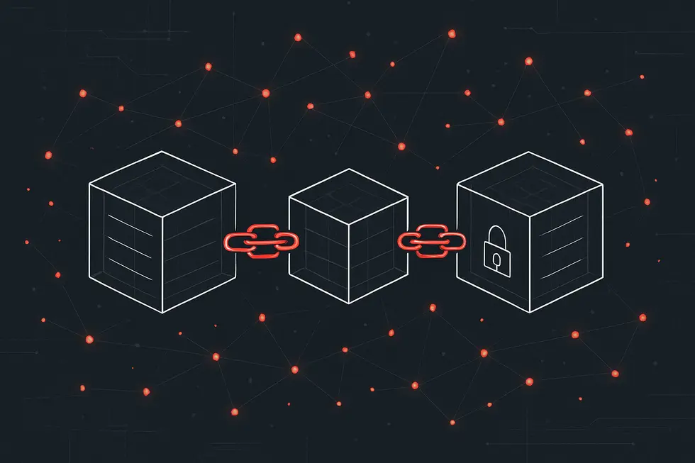 Bloklardan oluşan merkeziyetsiz blockchain yapısının g&ouml;rsel temsili.