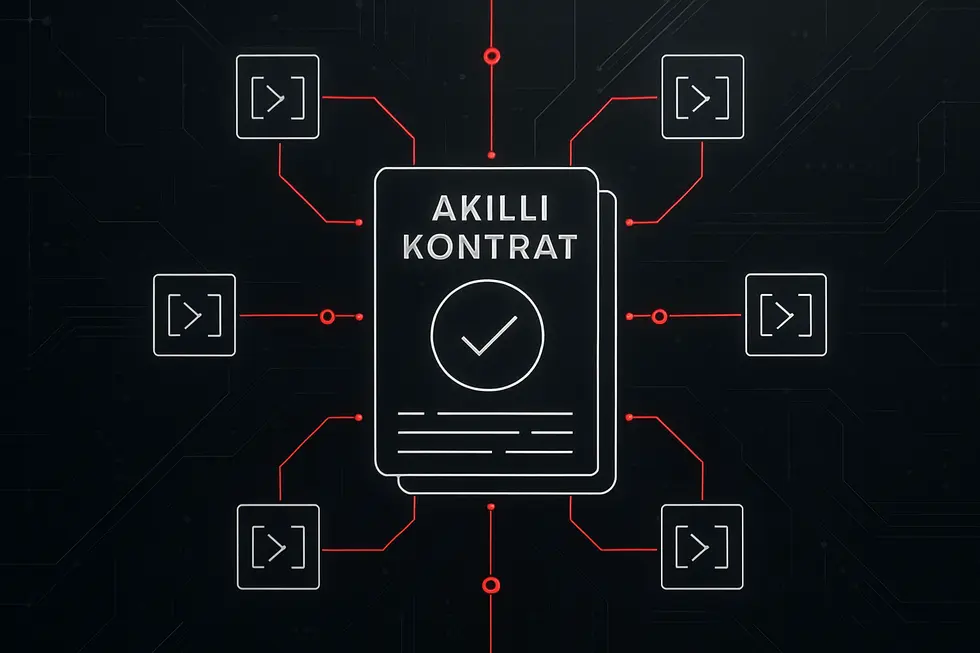 Blokzinciri, dijital c&uuml;zdan ve akıllı kontrat simgeleriyle DeFi&rsquo;nin temelleri.