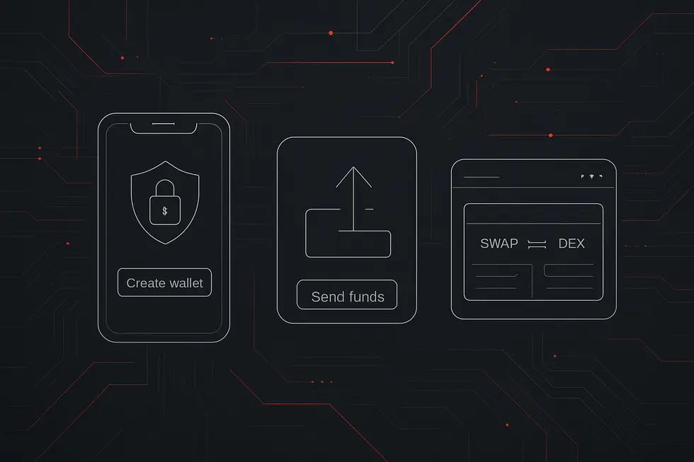 Blokzinciri, dijital c&uuml;zdan ve akıllı kontrat simgeleriyle DeFi&rsquo;nin temelleri.