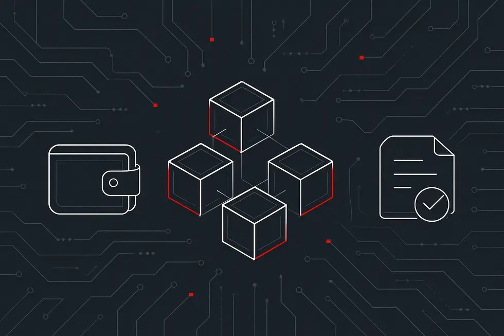 Blokzinciri, dijital c&uuml;zdan ve akıllı kontrat simgeleriyle DeFi&rsquo;nin temelleri.