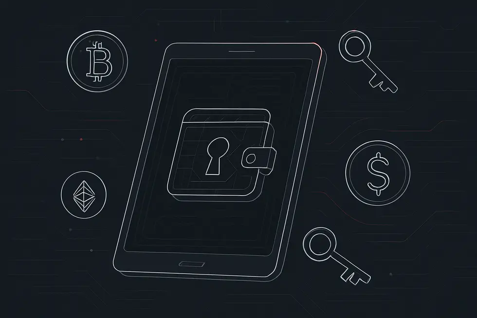 Bir kripto cüzdan arayüzü ve dijital varlık simgeleri.