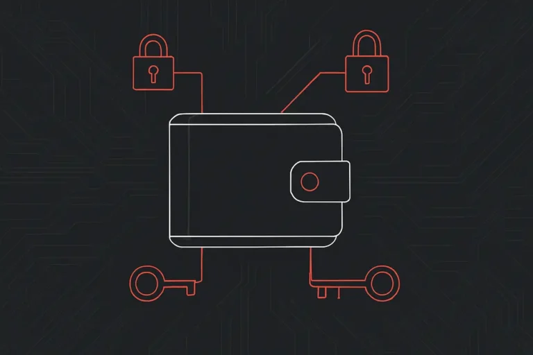 Koyu zeminde tel çizgilerle çizilmiş bir kripto cüzdan sembolü ve yanında basit güvenlik ikonları.