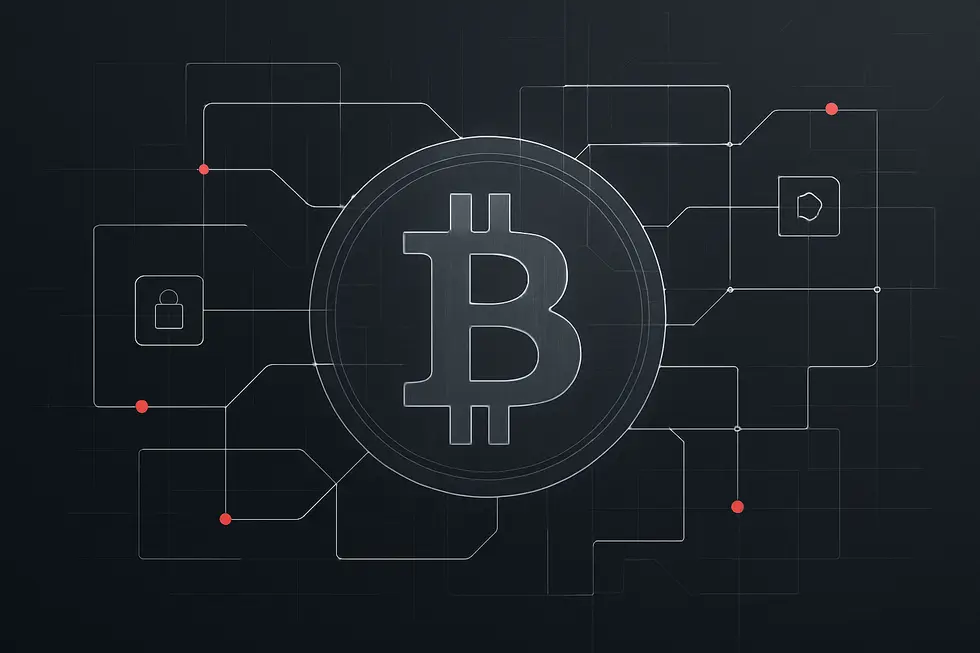 Kriptopara sisteminin ve blockchain bağlantılarının şematik g&ouml;sterimi.