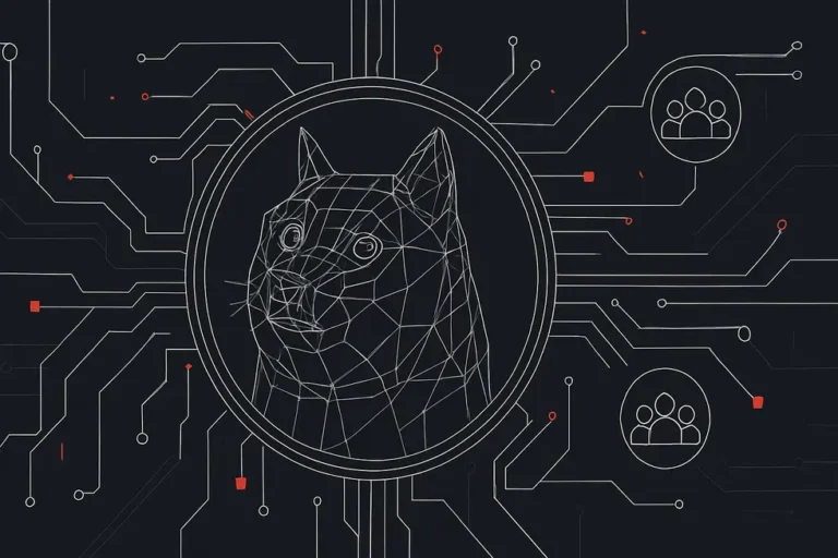 Karanlık arka planda, beyaz hatlarla ve kırmızı vurgularla çizilmiş memecoin maskotu ve dijital topluluk ikonları.