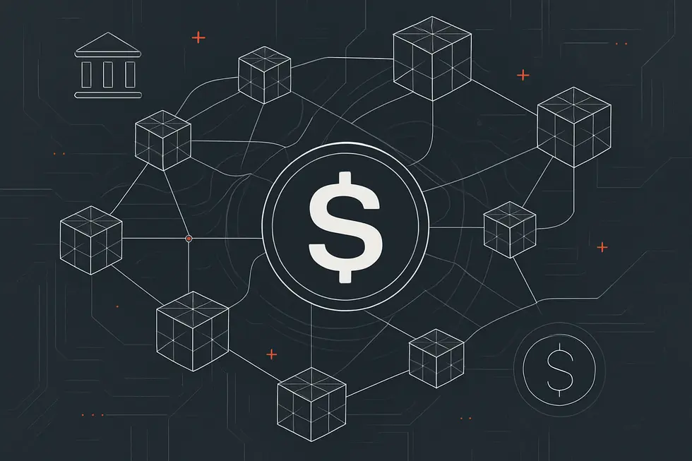 Stablecoin&rsquo;in değer istikrarını simgeleyen teknik bir diyagram.